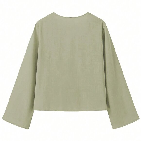 Army Green Casual Women's Vacation Tie Front Flare Sleeve Blouse Shirt - Picture 2 of 7